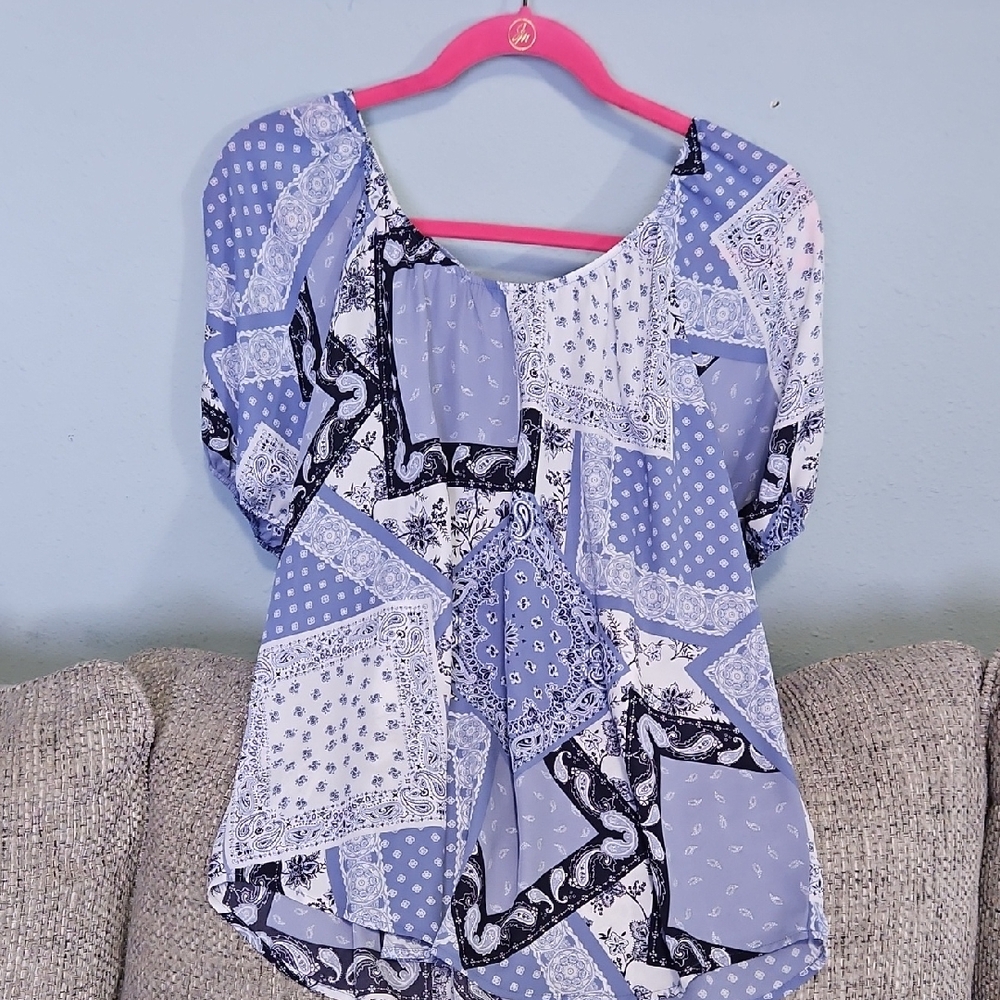 Pleione Blue and White Patchwork Blouse